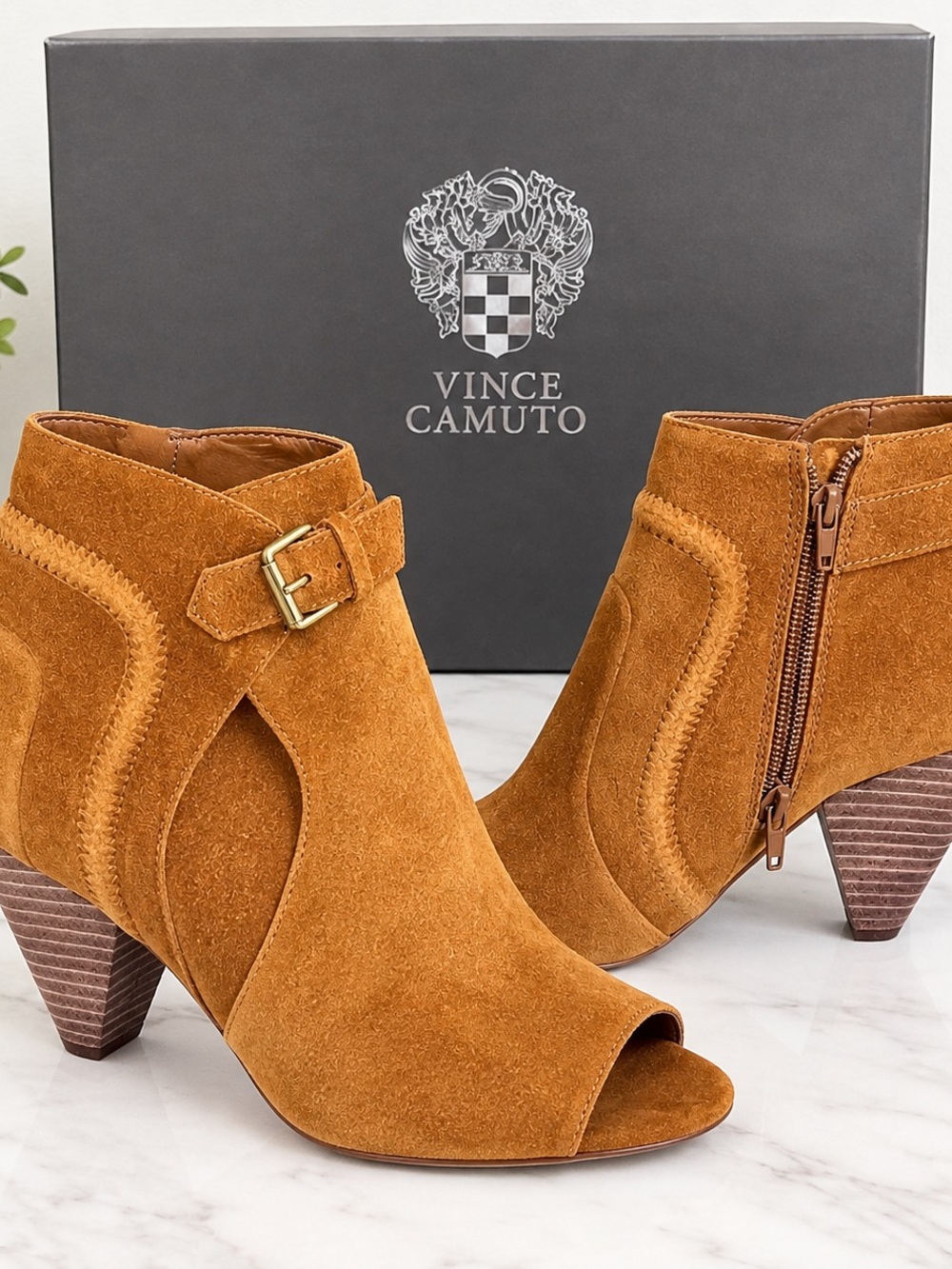 Vince Camuto Cognac Suede Peep-Toe Ankle Booties